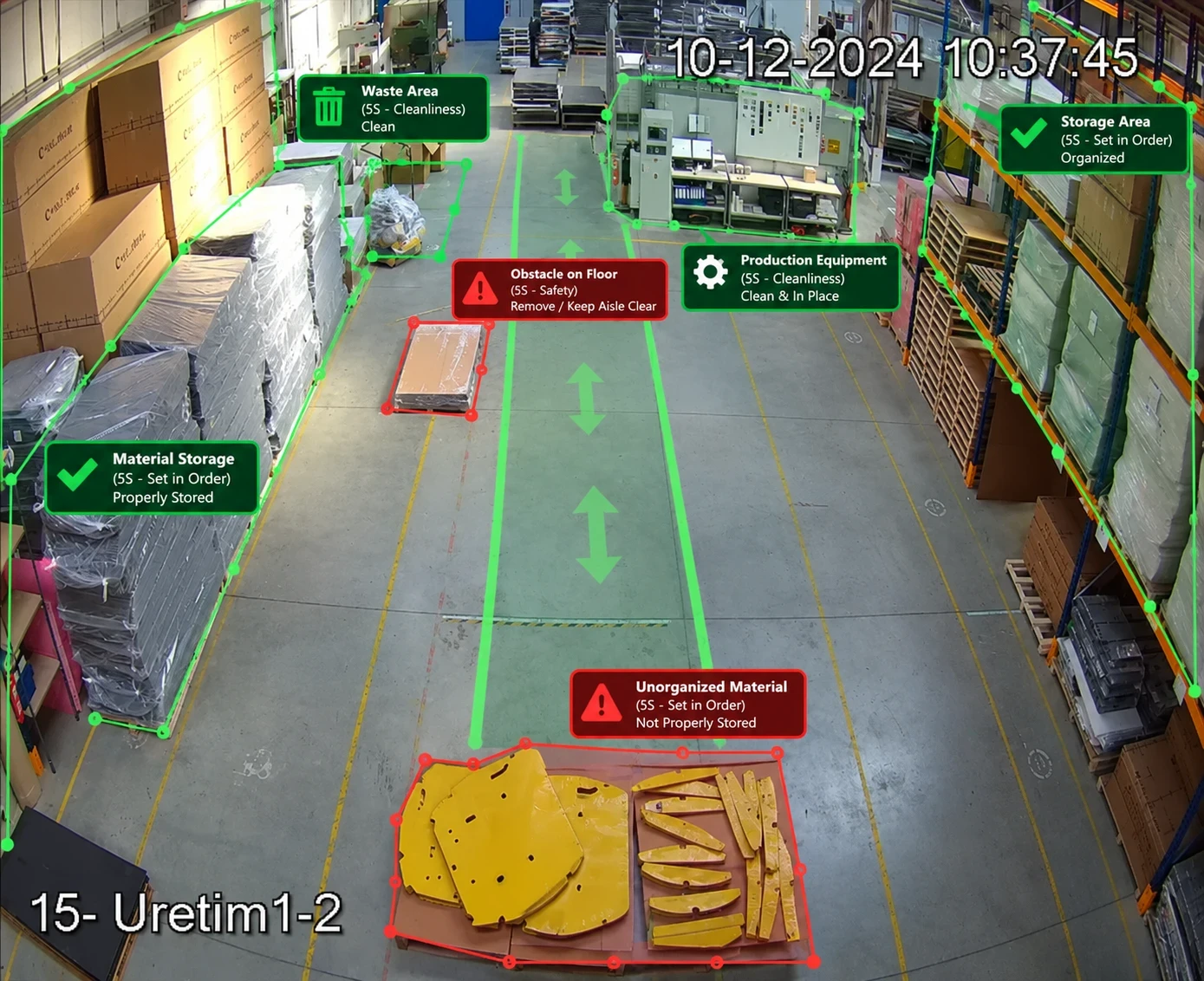5S safety audit: AI detecting a floor obstacle in the aisle and material outside its zone