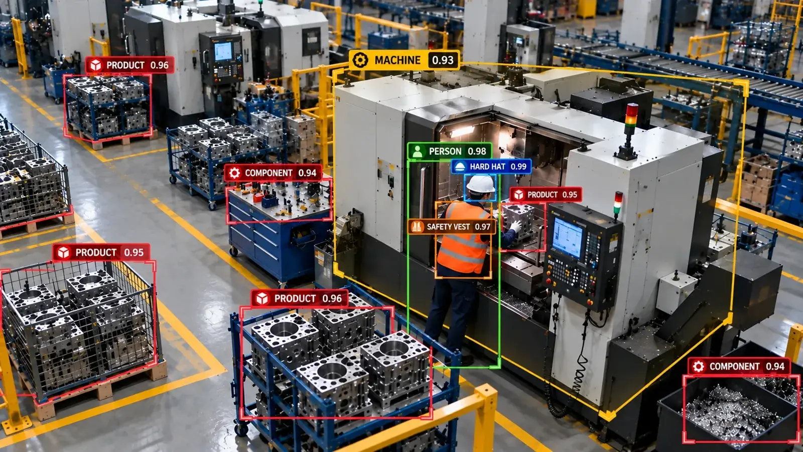 CNC istasyonunda operatör ve makine durumunu izleyen yapay zekâ görüntüsü