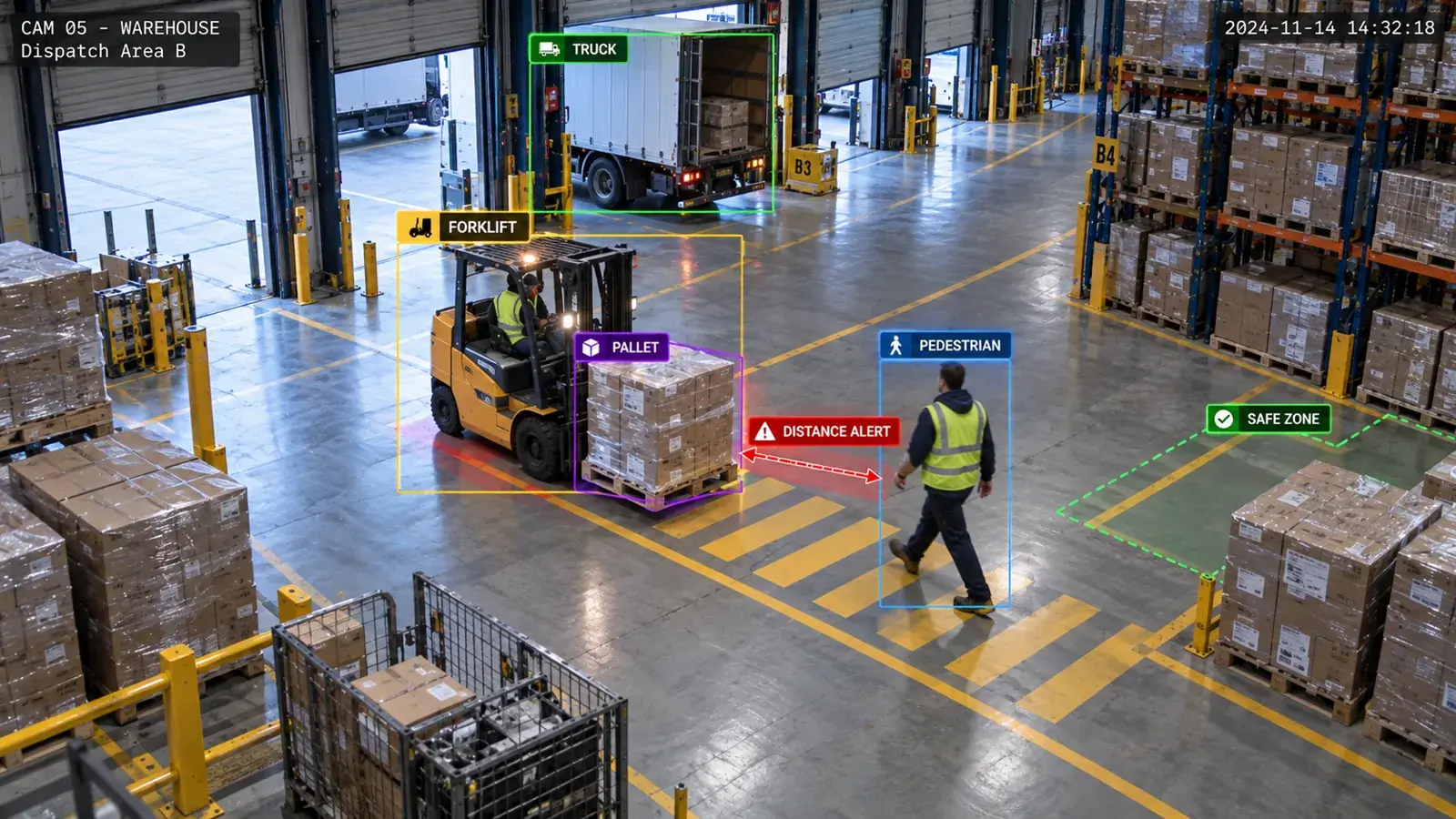Depo sevkiyat alanında forklift, palet ve yaya mesafe uyarısı