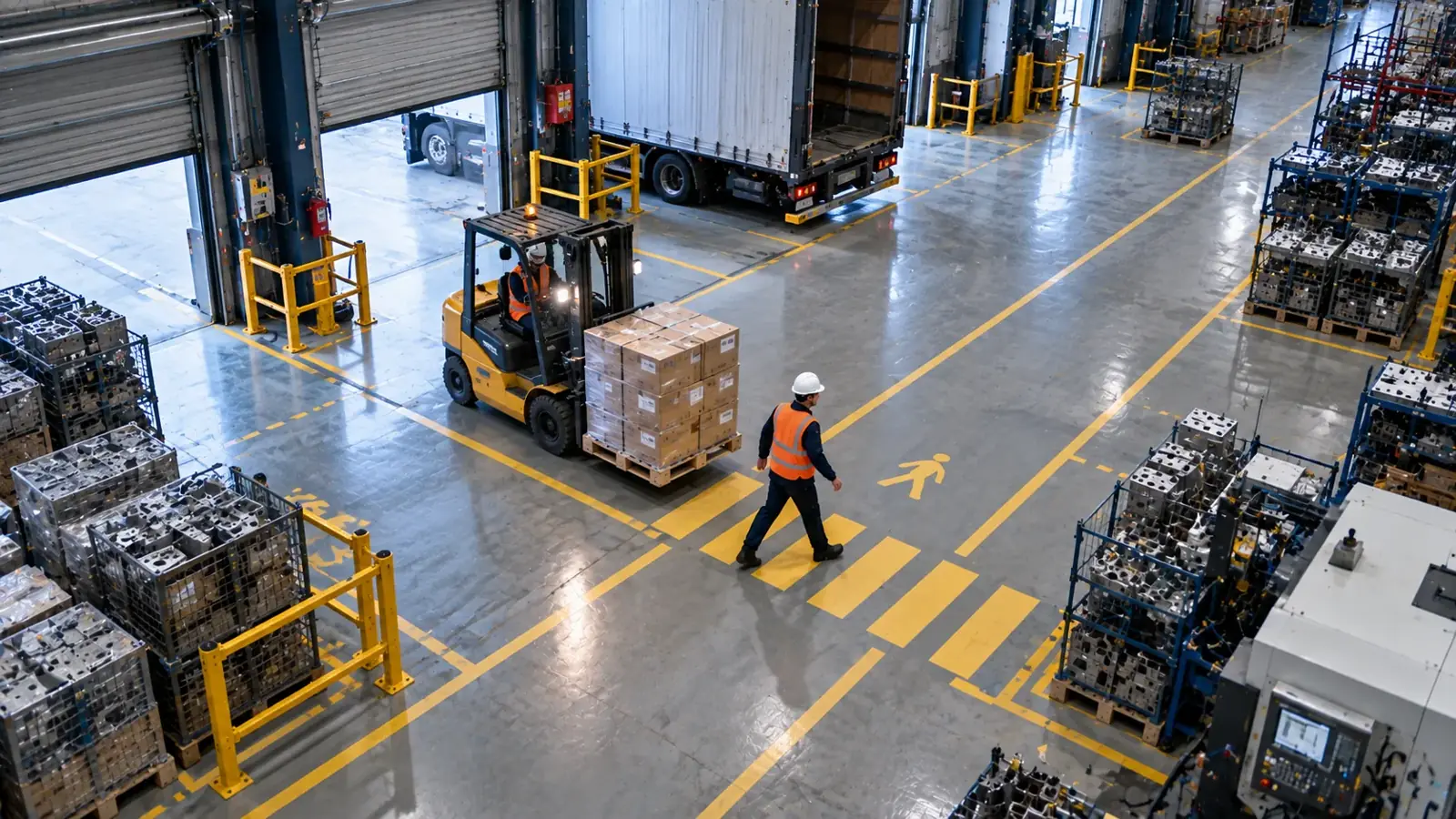 Depoda forklift trafiği ve yaya güvenliği kamera görüntüsü