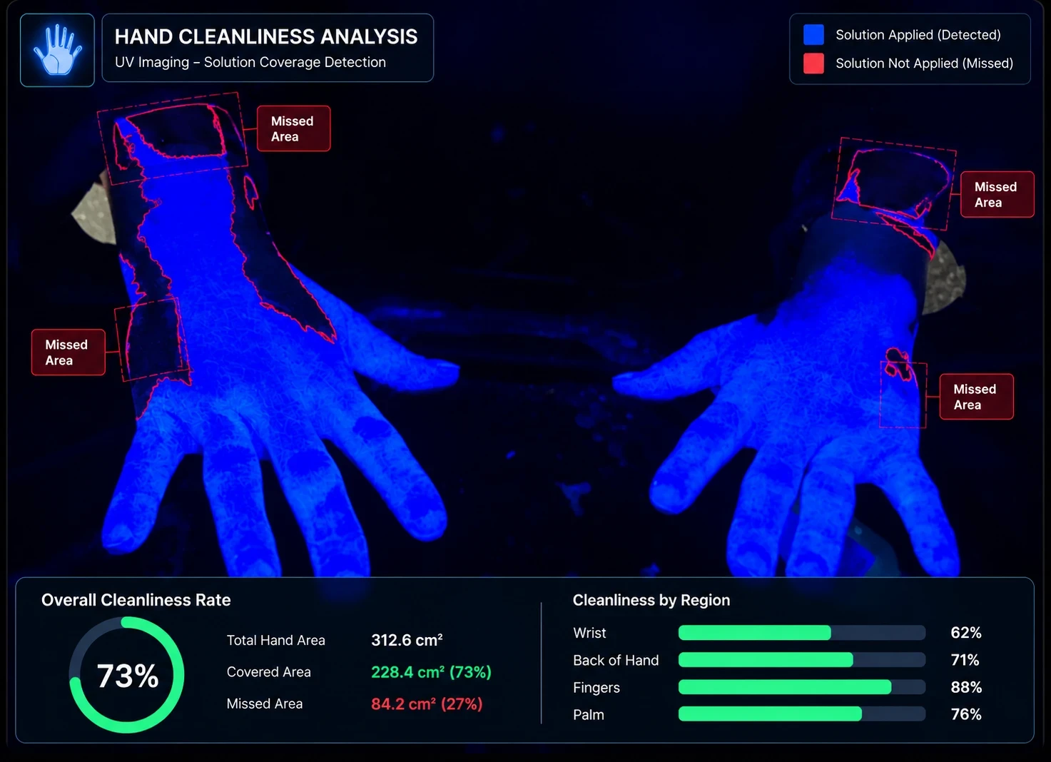 Hand hygiene scan dashboard: overall cleanliness rate, covered/missed area and per-region percentages