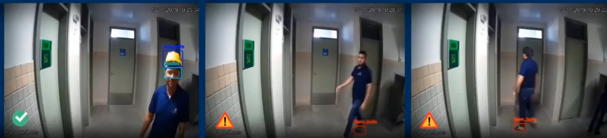 Giriş kapısı · uygun KKD (sol) ve iş ayakkabısı olmadan giriş uyarısı (orta, sağ)