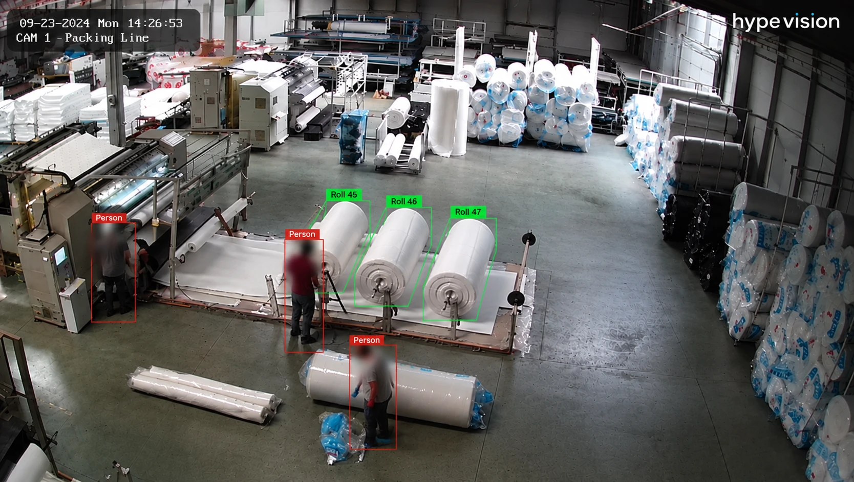 AI counting rolls coming off a machine and tracking each with its own ID (Roll 45, Roll 46, Roll 47)