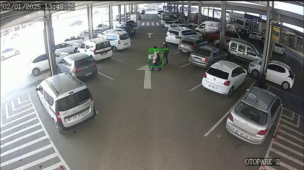 AI detecting a shopping cart on an existing security camera in a supermarket car park