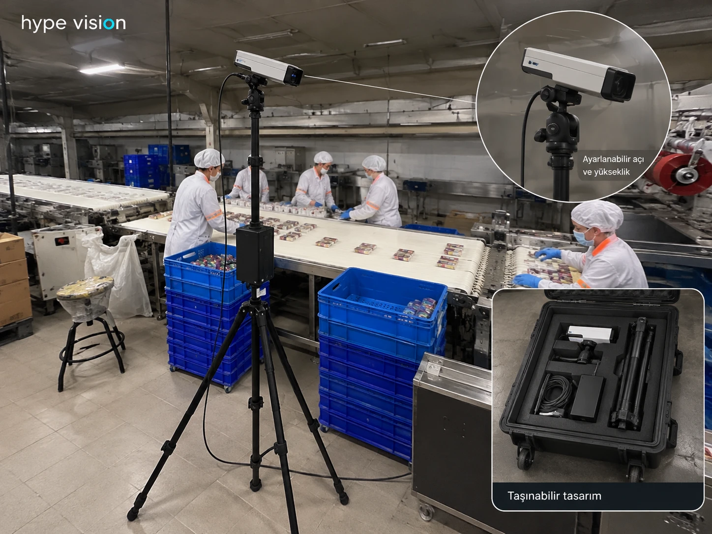 Portable AI camera on a tripod with adjustable angle and height and a hard carry case — install-free PPE and line-efficiency analysis