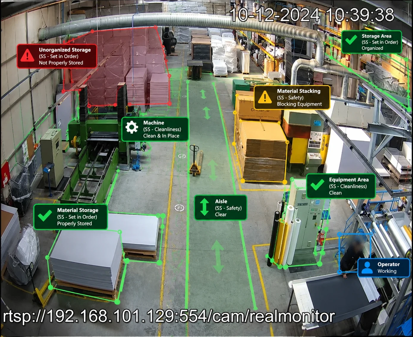 5S cleanliness audit on a production floor: machine clean and in place, aisle clear, material tidy