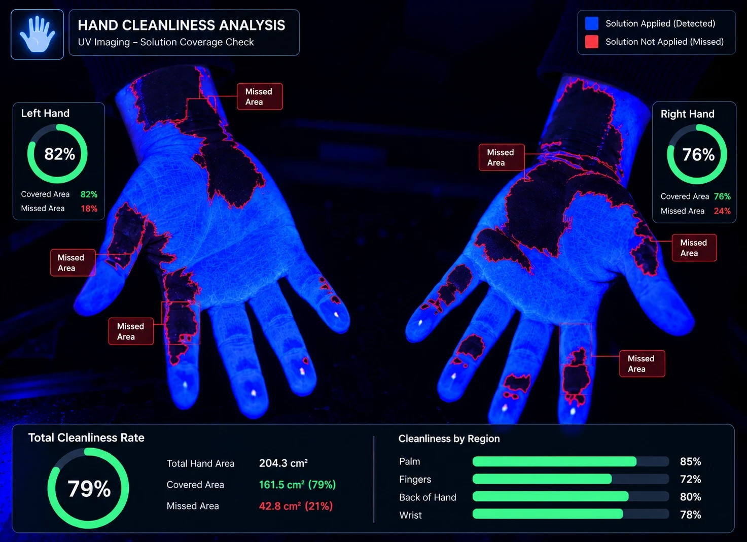 Hand hygiene analysis under UV light: AI measuring covered and missed areas as a percentage